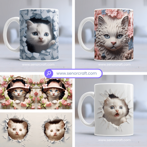 Pack diseños de gatos 3d para tazas