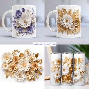 Plantillas de Rosas doradas y blancas 3d para tazas y tumblers